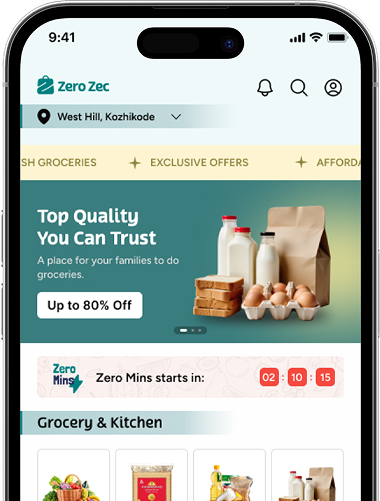 ZeroZec Mobile App showing grocery interface